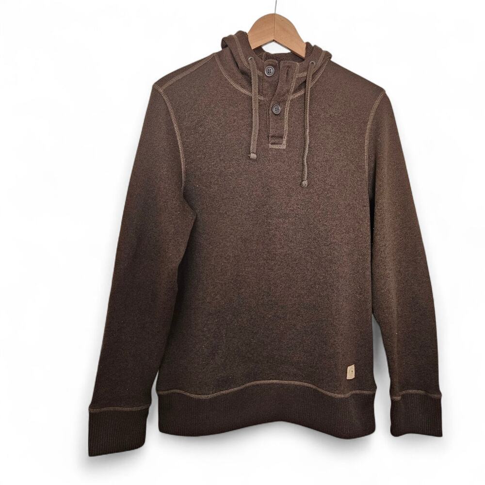 GH Bass & Co Mens Brown Henley Hooded Sweater Elbow Patches Y2K Size S